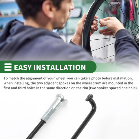 Universal Bicycle Spokes 14G 275mm Length Carbon Steel Black Set installation guide with close-up of elbow head and wheel installation