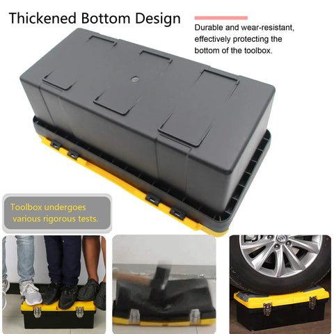 16.5 Inch Toolbox With Removable Tray And Dual Lock Stainless Steel Latches Heavy Duty Durable Tool Chest For Home Garage Black Built Tough For Power Tools And Heavy Use Great Tool Organizer, stress-tested with weight on top and car tire to demonstrate durability