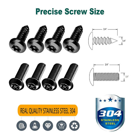 Anti Theft License Plate Screws Black Security Bolts Fasteners Kit For Front And Rear License Plate Frames Car Truck Motorcycle Mounting Hardware Quarter Inch M6 Stainless Steel Screws Caps And Nuts, showing black screws and detailed measurements