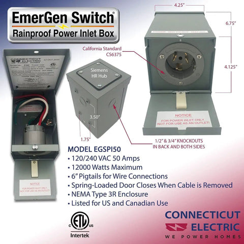 Backup Power Transfer Switch Kit 50 Amp With 10 Circuits Delivers 12,500 Watt Total Includes 25 Foot Cord And Outdoor Rated 50A Inlet