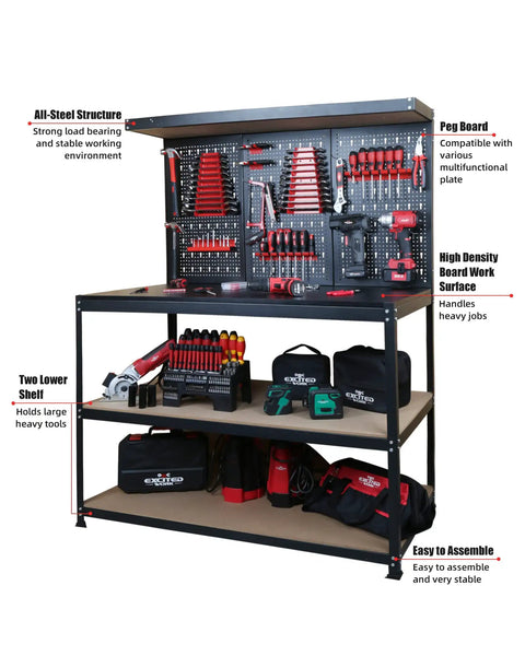47 Inch Workbench With Pegboard And Double Storage Platform displaying tools, ideal multipurpose tool organizer for garage workshop.