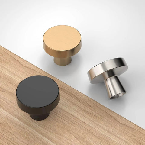 Brushed Satin Nickel Cabinet Knobs Six Pack Zinc Alloy Drawer Pulls in black, gold and silver finishes on a wooden surface.