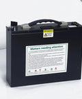 JJMNKMN 48V 24Ah Battery For Electric Stair Climbing Hand Truck Compatible With 1200W Motor Lithium Ion Pack Power Source Heavy Duty Replacement, back view with safety instructions.
