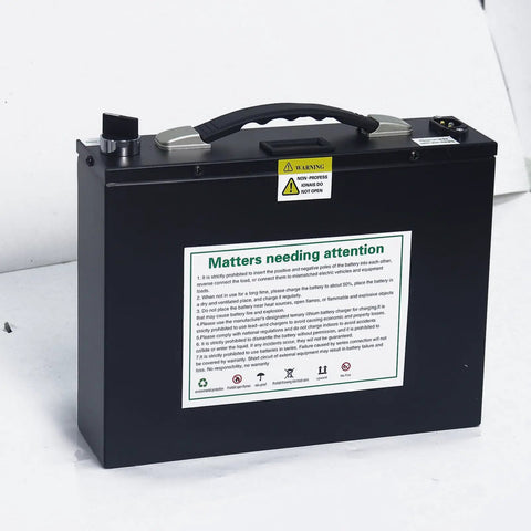 JJMNKMN 48V 24Ah Battery For Electric Stair Climbing Hand Truck Compatible With 1200W Motor Lithium Ion Pack Power Source Heavy Duty Replacement, back view with safety instructions.