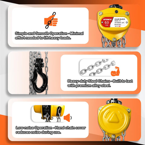 Half Ton Chain Hoist, Ultra Lightweight And Compact, 10 Foot Lift, 11 Inch Low Headroom, durable steel chain and hook design