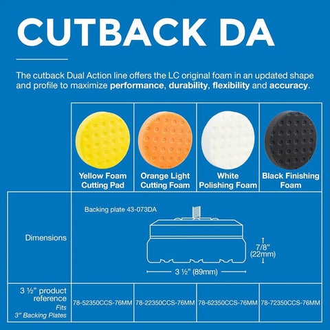 Cutback DA foam pads for auto detailing, yellow cutting, orange light cutting, white polishing, black finishing on blue background.