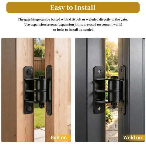 Beefy 7 Inch Heavy Duty Gate Hinges With 1100 Lbs Capacity installed on wooden and metal doors in outdoor settings