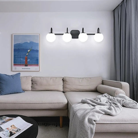 Black Mid Century Vanity Lights With Milk White Glass Globes, 4 Light Wall Sconce Bar in modern living room