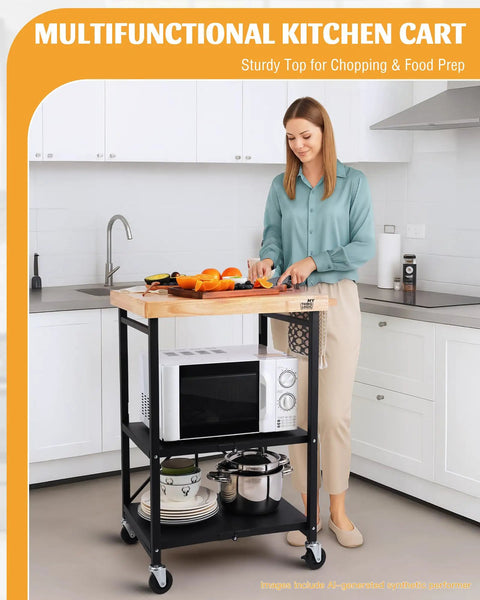 Foldable Kitchen Storage Cart With Solid Oak Top 3 Tier Rolling Metal Utility Rack Lockable Wheels For Microwave Pots And Pans