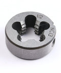 Close-up of die from All-In-One Tap And Die Set For SAE And Metric Threads 80 Piece Premium Kit, marked 1/2, NC13