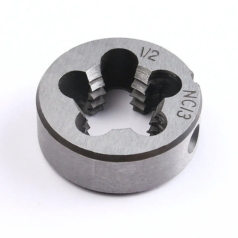 Close-up of die from All-In-One Tap And Die Set For SAE And Metric Threads 80 Piece Premium Kit, marked 1/2, NC13