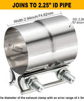 2.25 Inch Stainless Steel Exhaust Clamp Lap Joint Band For 2.25 Inch ID Exhaust Pipe Muffler Clamp Set Easy Install Tight Seal
