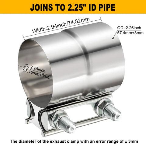 2.25 Inch Stainless Steel Exhaust Clamp Lap Joint Band For 2.25 Inch ID Exhaust Pipe Muffler Clamp Set Easy Install Tight Seal