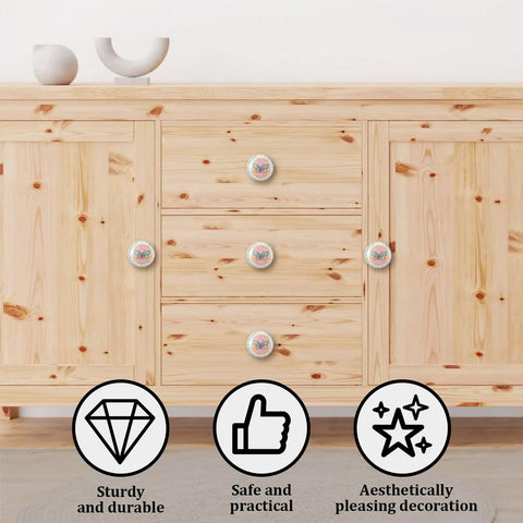 Multicolor Butterfly Ceramic Cabinet Pulls Set With Gold Accent Knobs installed on a wooden dresser