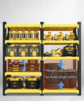 Heavy Duty Four Tier Garage Shelving Unit Built Tough With Diagonal Support Beams No Fuss Clutter Crusher Storage Rack For Workshop Basement Black Yellow Steel Frame with adjustable shelves and various storage items.