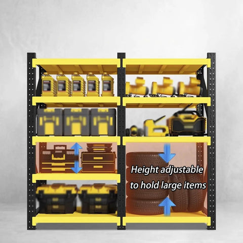 Heavy Duty Four Tier Garage Shelving Unit Built Tough With Diagonal Support Beams No Fuss Clutter Crusher Storage Rack For Workshop Basement Black Yellow Steel Frame with adjustable shelves and various storage items.