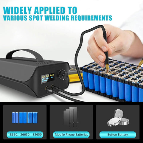 Portable Capacitor Spot Welder With Crisp LCD Display And 120 Pulse Controls For Effortless 18650 Battery Packing And Slim Nickel Strips in use.