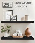 Rock Solid Two Pack Wall Mounted Shelves 23.6 inch long MDF shelves with steel brackets 9.3 inch depth, black finish, holding decor items