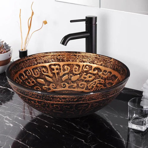 Tempered Glass Bathroom Vessel Sink Copper Round Vanity Bowl Lavatory Arts And Crafts Style Retro Vibe Scratch Resistant.