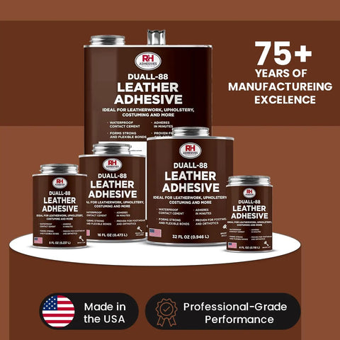 Assorted sizes of Duall-88 leather adhesive containers for strong bonding and crafting, highlighting manufacturing excellence.