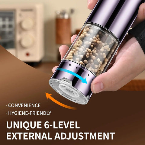 Rechargeable Electric Salt And Pepper Grinder Set with no fuss one hand operation, adjustable coarseness, stainless steel, acrylic, purple.