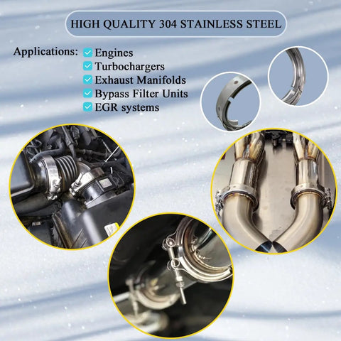 Collage showing applications of 4 Inch Exhaust V Band Clamp For Flange Kits Stainless Steel No Flanges Heavy Duty Rust Resistant