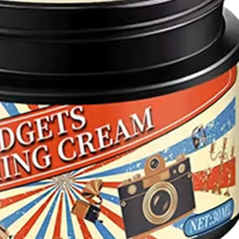 Label of a 30ml jar for 'Phone Screen And Camera Lens Scratch Remover Paste 30ml Quick Fix With Fast Action For Photographers And Everyday Folks Home Shop Travel Maintenance Of Mobile Devices For Daily Home And Studio Use On Phones Tablets And Cameras', featuring a vintage camera graphic.