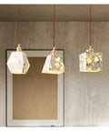 Industrial Marble Pendant Light Fixture Chandeliers in triangular and square shapes with gold accents, suitable for bedside or café use.