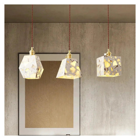 Industrial Marble Pendant Light Fixture Chandeliers in triangular and square shapes with gold accents, suitable for bedside or café use.