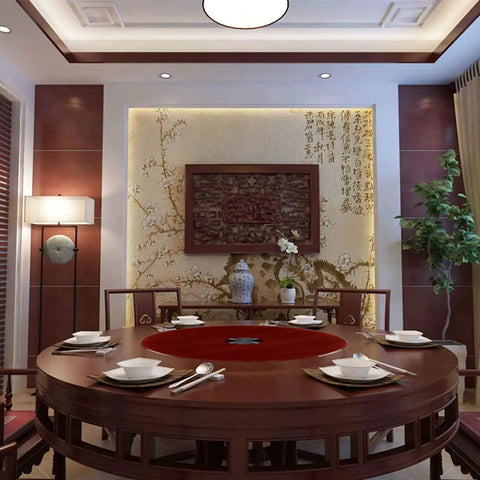 Dining room with Tempered Glass Lazy Susan Round Tabletop Rotating Serving Tray on table set for meal with decor background