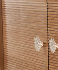 Four Piece Flower Shape Cabinet Knob Set In Rose Gold With Crystal Glass Pull Handles For Cabinets, Drawers, Dressers, Wardrobes, Closets And Other Furniture With Screws That Look Ultra Cool installed on wooden cabinet
