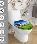 Elongated Toilet Seat with Quiet Close Quick Release featuring a cow design, 14.5" x 18.5" size, suitable for most toilets.