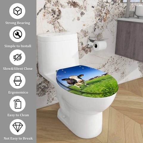 Elongated Toilet Seat with Quiet Close Quick Release featuring a cow design, 14.5" x 18.5" size, suitable for most toilets.