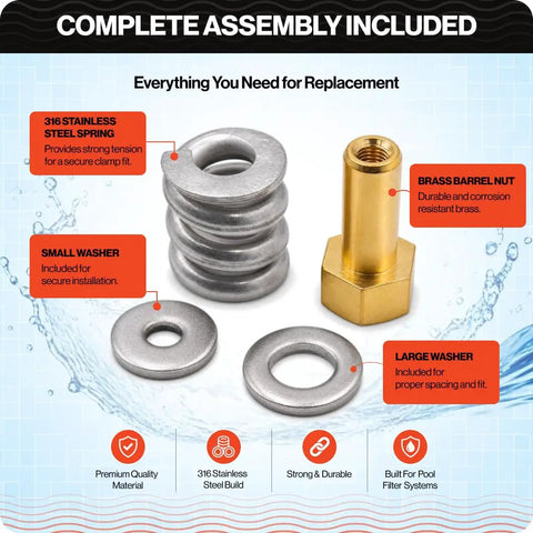 Heavy Duty Spring Barrel Clamp Assembly Replaces Pentair 53108900 For Clean And Clear Fns De Pool Filter Service Featuring A No Sweat 316 Stainless Steel Spring And Solid Brass Nut components including 316 stainless steel spring and brass nut.