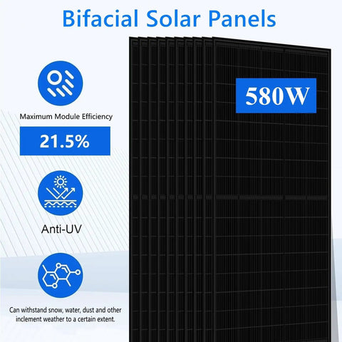 Bifacial solar panels with 580W capacity, showing high efficiency rating of 21.5%, best for Plug And Play 10Kw Off Grid Solar System Bundle For Homes.