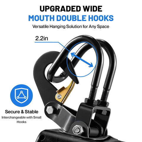Heavy Duty 2200 lb Electric Hoist With Remotes, Portable Power Winch Crane For Garage And Workshop, 110V Motor, showing upgraded wide mouth double hooks.