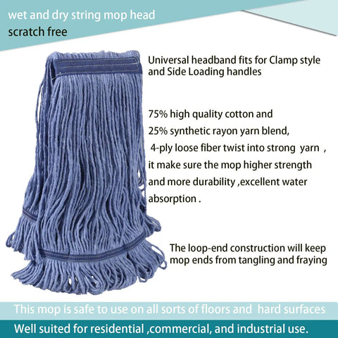 Wet and dry string mop head made from 75% cotton, 25% rayon; designed for Heavy Duty Commercial Mop Set With Fifty Eight Inch Handle And Three Machine Washable Cotton Loop Heads That Kicks Ass On Gunked Up Floor Grime While Saving Your Lower Back For Warehouses.