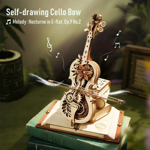 One Fifth Scale 3D Cello Model Kit With Base 199 Piece Wooden Music Box Building Kit on books