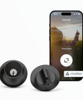 Smallest Smart Lock With Built-In Matter And Thread, Bluetooth, And Total Home Ecosystem Compatibility For Apple Home, Google Home, Amazon Alexa, And SmartThings, Matte Black Finish shown with smartphone app display.