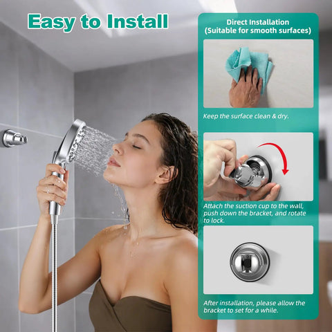 Woman using Vacuum Suction Cup Shower Head Holder With Removable Wand Bracket, Adjustable Height Wall Mount For Handheld Shower