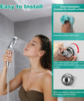 Woman using 2 Pack Vacuum Suction Cup Shower Head Mount with Height Adjustable Holder, Chrome Finish installation instructions