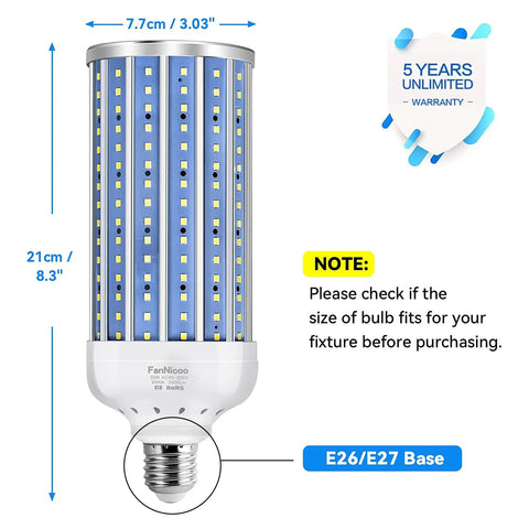 Ultra Bright 5000 Lumen 6500K Cool Daylight Corn Light Bulb 50W Equivalent E26 E27 Base Pack Of 2 dimensions and warranty