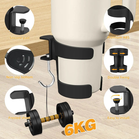 Heavy Duty Desk Cup Holder With Secure Clip For Tumbler And Mug Keep Your Brew Locked Tight And No Mess On Any Workspace Game Changer For Daily Grind Office Setup close-up showing silicone pad, hook, non-slip bottom, and fixing details.