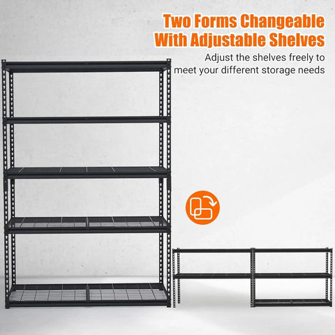 Beefy 5 Tier Garage Shelving Unit With 2500 Lbs Capacity, Heavy Duty Metal Storage Racks For Garage Basement And Workshop, 48 Inch L By 24 Inch D By 72 Inch H, Adjustable Utility Shelving For Maximum Organization, black metal rack shown in two forms