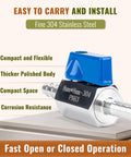 Two Pack 1/2 Inch Hose ID Barb Mini Ball Valve Kit With Stainless Steel Body And Clamps For Water Oil Gas Systems shown on display