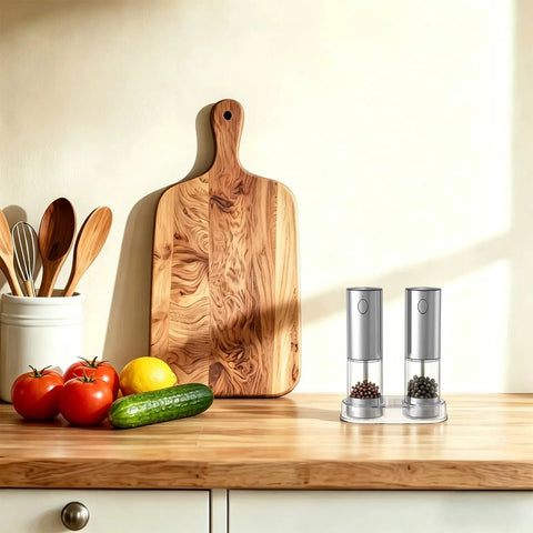 Touch Activated Automatic Electric Spice Grinder With Soft Glow LED Light Salt And Pepper Mill For Kitchen Countertop on kitchen countertop.