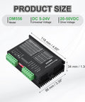 Digital DM556 Stepper Driver For CNC Projects, shown with dimensions and voltage details, black module with green connectors.