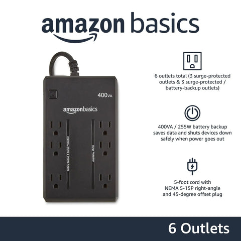 Compact UPS Battery Backup And Surge Protector With 6 Outlets For Home Network IoT And Entertainment Gear 400VA 255W Standby Power Supply Black Ideal For Routers Consoles And Streaming Devices