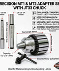 Gotta Love This Bad Boy Jt33 To Mt1 And Mt2 Drill Press Chuck Adapter Set With Bonus Chuck Key 1 To 13Mm Range 0.005 Inch Precision Accuracy For Seamless Lathes And Drill Work showing MT1 and MT2 adapters with JT33 chuck.