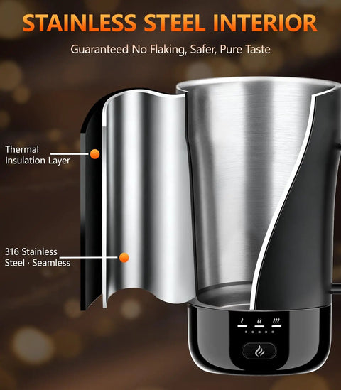 No Cap Self Heating Coffee Mug 14 Oz Rechargeable Smart Temperature Control Cup with stainless steel interior and insulation layer.